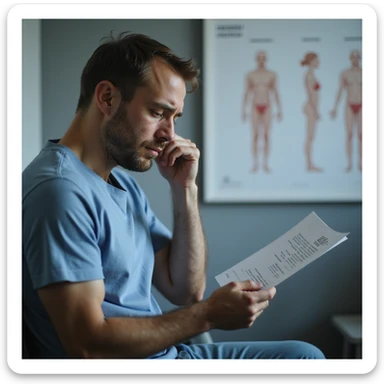 hyperrealistic 4K image of a man in his 30s looking at semen analysis results with 'azoospermia', tears in eyes, hands shaking, sitting in urologist's office, fertility diagrams on wall, clinical atmosphere sticker