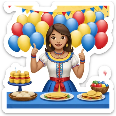 party table decorated with red blue and yellow colors, including backdrops, balloons, streamers and more, on the table are intricate displays of colombian arepas, and in the forefront a woman in traditional colombian dress with a smile and big thumbs up sticker