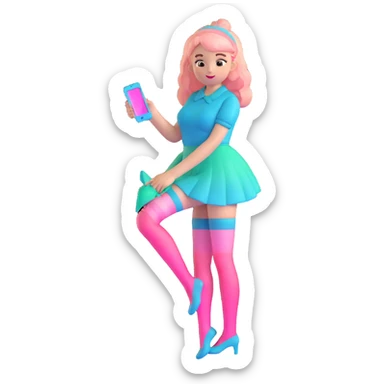 Cute girl character in stockings adjusting fashion accessory, pink gradient from bright pink to light pink, transparent glass style with highlights sticker