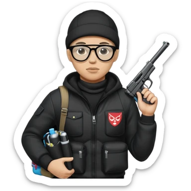 YN wearing a ski mask, holding a gun, all black fit, black jeans, Sprayground bookbag, confident stance with glasses sticker