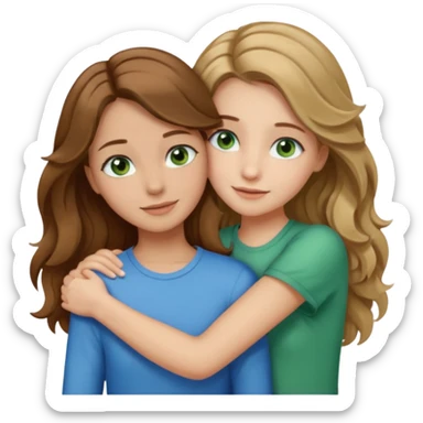 make me and my best friend togheter i have shoulder-lenght brown hair and light brown eyes and she has really long wavy hair blonde/brown hair and green/blue eyes we are hugging or taking a selfie  sticker