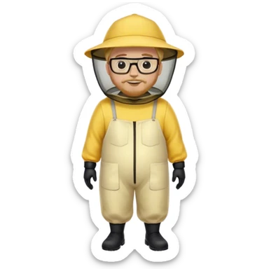 full body medium plus size male bee keeper in yellow and black with short light strawberry blonde hair and goatee wearing glasses with bee keeper hat sticker