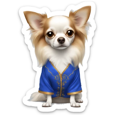 Long-haired white Chihuahua with reddish brown markings wearing royal blue silk pajamas sticker