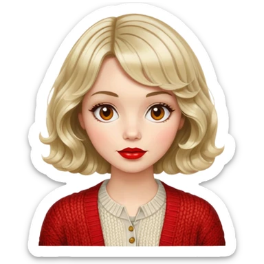 Alluring 1970's French girl french shiny wavy textured bob haircut tousled hair red lips wearing knitted cardigan sticker