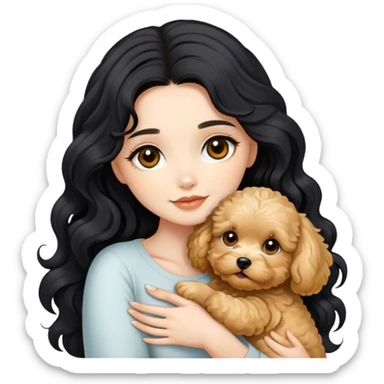 beautiful woman with black long wavy hair and brown eyes hugs a golden maltipoo  sticker