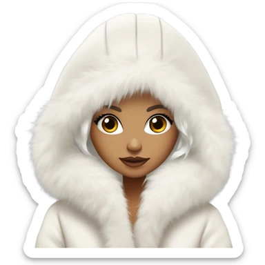 Tanned Girl with lashes , platinum blonde hair, in an extremely big fluffy oversized white fur coat with hood on. The fur is real and it’s very obvious big and fluffy like in Pinterest  sticker
