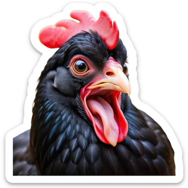 Cinematic Cute Yawning Black Chicken Portrait Emoji, Head tilted slightly with a dramatic, wide-open yawn, showcasing a soft, glossy black plumage with subtle hints of iridescence and a distinctive red comb, floppy wings slightly drooping, round beady eyes barely open in drowsy contentment, Simplified yet irresistibly adorable features, highly detailed, glowing with a soft, cozy glow, high shine, relaxed yet expressive, stylized with a touch of whimsy, bright and endearing, soft glowing outline, capturing the essence of a sleepy yet affectionate chicken, so drowsy it feels like it could stretch out of the screen and curl up for a nap! sticker