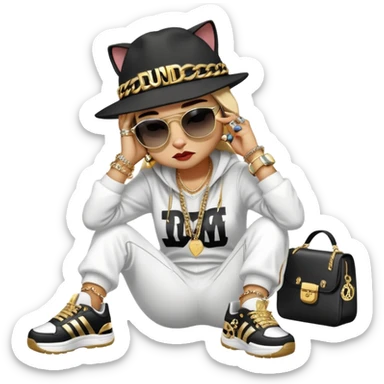 female cat wearing Run DMC hip-hop outfit with tracksuit, fedora, Adidas sneakers, dark sunglasses, many gold chains, rings, bracelets, flashy earrings, lying on the ground in distress, crying sticker
