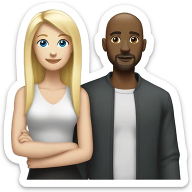 Blonde woman with blue eyes and long straight hair and black man who is bald with a goatee seated together with their legs touching and one arm around each other.   sticker