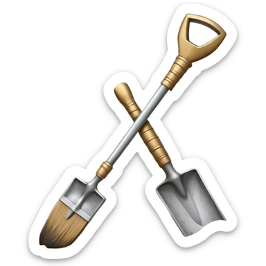 An icon showing archaeological tools—trowel, brush, and pickaxe—laid out on the sand, with the ancient Karnak temple ruins in the background. The design symbolizes exploration and discovery of ancient Egyptian history. Transparent background sticker