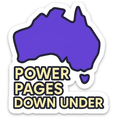 modern clean icon of Australia map with no border, text 'Power Pages Down Under' in bold geometric font, color scheme #403DAD, vibrant purple, #fff7ad, no Power Pages icon, no digital overlays sticker