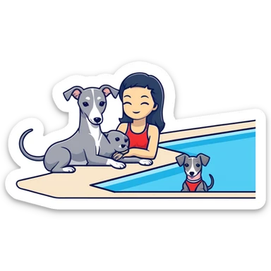 Slim Chinese woman with long black hair in appropriate pool attire relaxing by a swimming pool with her Italian greyhound that is COMPLETELY solid grey, with absolutely NO white markings anywhere, single uniform grey color throughout entire dog body sticker