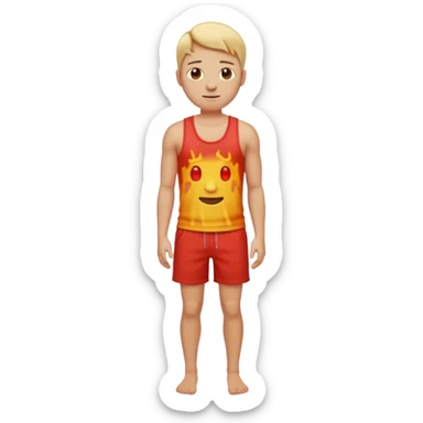 Emoji-style person standing in beach shorts, skin visibly sunburned and red on arms, legs, and face, but chest and shoulders clearly lighter with tank top tan lines. Expression shows mild pain or discomfort, cute rounded emoji design, soft 3D shading, vibrant colors sticker