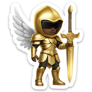 golden archangel, a guy of European appearance in black glasses, skin color light white, in full growth, with golden wings and in golden armor, in his hand a golden sword, in a golden hood sticker