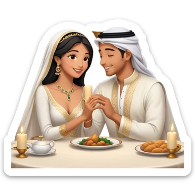 intimate moment a Arab couple at candlelit dinner. The woman, dressed in a sophisticated white gown with delicate jewelry, smiles as her partner, wearing a traditional black and gold bisht with a white ghutra, leans in to whisper or kiss her cheek. Their hands are gently intertwined on the table,M sticker