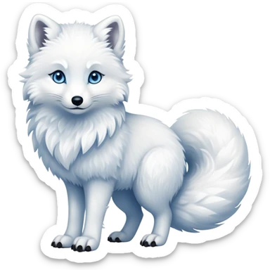 cinematic-arctic-fox-realistic-full-body-standing-emoji,-fluffy-tail-curled-slightly-around-its-paws,-thick-pure-white-fur-blending-into-the-snowy-landscape,-head-tilted-dramatically,-bright-blue-eyes-glistening-with-intelligence,-simplified-yet-realistic-focused-features,-highly-detailed,-glowing-with-an-almost-sarcastic-glow sticker