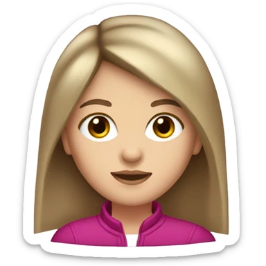 white girl with brown eyes, long straight dark brown hair, curtain bangs, and a magenta jacket sticker