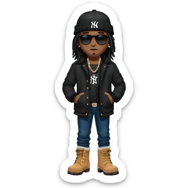 African American man with shoulder length black dreadlocks with black bead wearing black sunglasses with wearing denim skinny jeans wearing black bubble winter coat wearing black New York Yankees baseball hat and  timberland boots with arms folded sticker