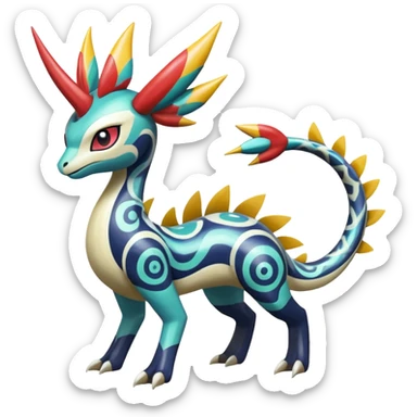 zig-zag-patterned clownish colorful exotic fruity tribal tropical hot swirl-marked Meloetta-Dialga-Salamence-Giratina-Noivern-Pokémon-Fakémon-fusion-hybrid-creature sticker
