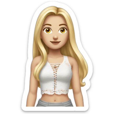 realistic caucasian female, long straight blonde hair, white lace up crop top, grey mini skirt, body view sticker
