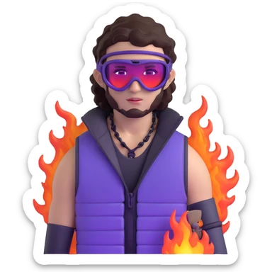 close-up of bad guy male athlete with white skin and moderately curly dark brown hair on top with shaved sides, wearing ski goggles with purple frames and very dark black lenses, a simple plain black chain necklace, and a completely unzipped sleeveless vest with purple and black sequin fire pattern design with no logo, with an extremely arrogant sneer on his face, looking menacing and villainous, exuding overconfidence and a threatening aura sticker