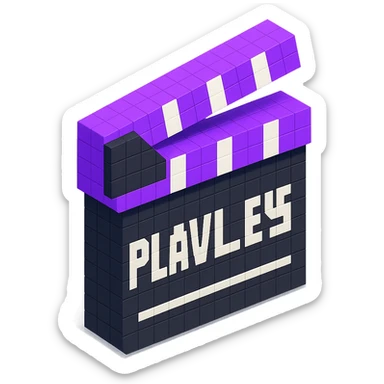 voxel style movie clapperboard with the text 'PLAVLEYS', purple lid, black body, isometric view sticker
