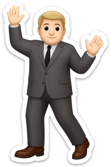 Make the white man in a business suit and shoes with one hand raised bigger framed with broader shoulders and a more robust build, keep no background. sticker