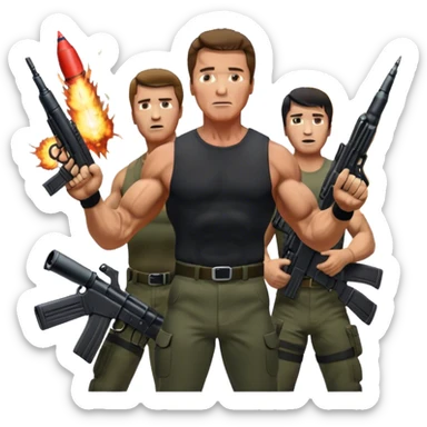 Icon for Action Movies: Close-up collage featuring Schwarzenegger in 'Commando' and  Stallone in 'Rambo', in bold poses. Background includes explosions, rockets flying, and machine guns. The style is reminiscent of a cinematic movie poster with intense, dramatic colors. Transparent background. sticker