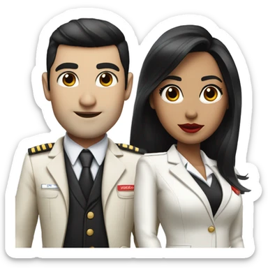 Flight attendant with long black hair, red lips and white skin with a pilot man with beige skin and black hair sticker