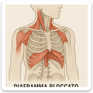 illustrazione con focus sul diaframma bloccato, muscoli del collo e scapole in secondo piano ma evidenziati, didascalia in italiano sticker