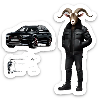 Cool goat in black Moncler jacket driving black Audi RS6 sticker