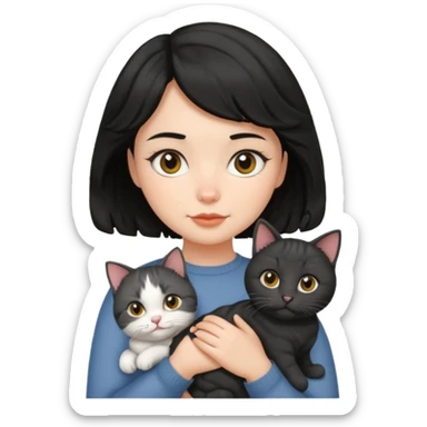 wavy black haired girl with a short haitcut holding a british cat sticker