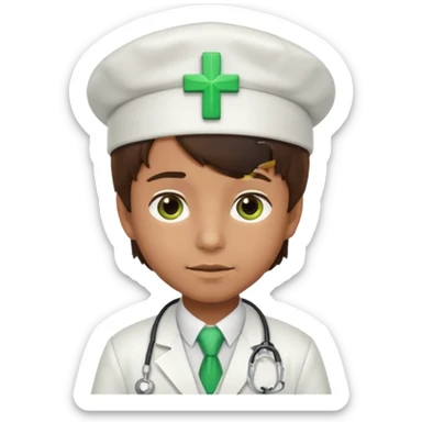 a doctor in white suit with a doctor hat with green cross brown hair boy sticker
