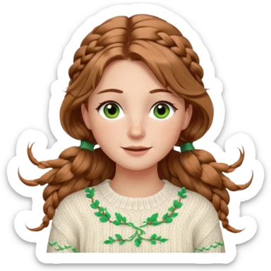 light brown hair hazel/green eyes woman with a white cable knit sweater and one braid down her back  with tendrils of hair flowing down her face and she is happy pale, some freckles, blush. she has a cateye wing and long lashes sticker