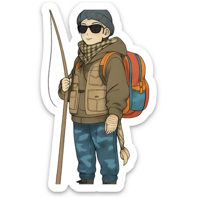 1 female, long white braid, knit cap, dark sunglasses, shemegh neckwrap, fishing vest, vibrant shool backpack, drab hoodie, handwraps, blue camo pants, holding a wooden stick fishing pole, unkempt, stoic sticker