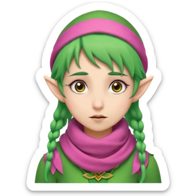 An elf girl with green hair, brown eyes, and a pink scarf who appears to be extremely stressed. sticker