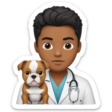 joven médico con el pelo un poco largo pero no tanto y lacio, que tenga un estetoscopio de color de piel tez negra calida !!! que sostiene un bulldog francés blanco sticker