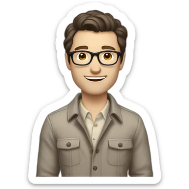 Joyful Full height Pale skinned Fit Man With dark brown hair in gray jacket, beige office shirt, Brown pants and vintage glasses. His thrumbs up sticker