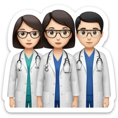 Create four doctors grouped together. Place a female doctor with dark brown short bob hair prominently in the front. Behind her, include:

a doctor with white hair wearing glasses,

a young male doctor with black hair and no glasses,

and a female doctor with black short bob hair wearing glasses. sticker