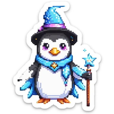 a penguin wizard with magical sparkles and a unicorn companion sticker