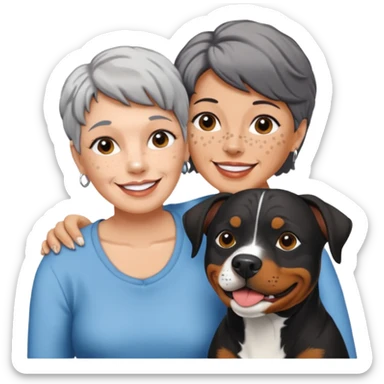 Pit bull Rottweiler mix with white muzzle and spots on muzzle next to older woman with really short grey hair sticker