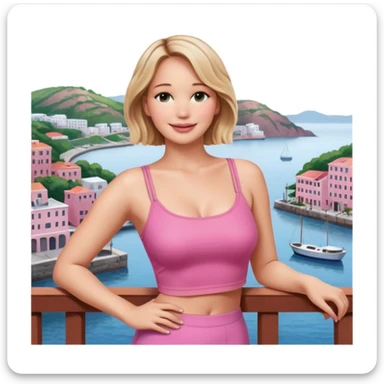 jennifer lawrence, pink crop top leaning on a balcony with a harbor and cityscape in the background, smiling sticker