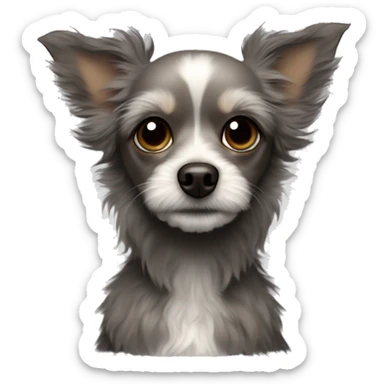 chihuahua poodle mix, small, dark, scruffy dog with large, expressive eyes and pointed ears. It has prominent ears that stand upright and a mix of gray and dark brown fur with some lighter areas around the face and chest sticker