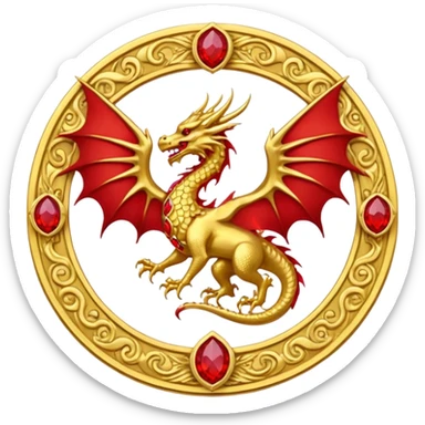 Golden Dragon with wings crest/brosch in a circle with red gems sticker