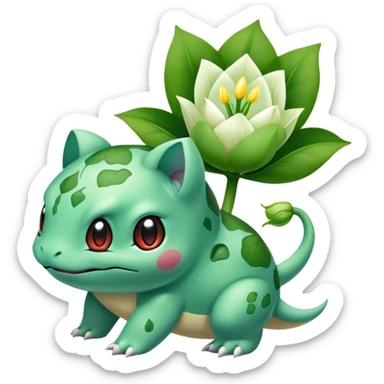 Bulbasaur with a small green unopened plant bulb with layered petals esembling a Lily bud on back sticker