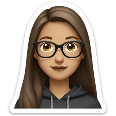a girl with glasses, smile, long straight brown hair, grey eyes, light skin and black hoodie  sticker