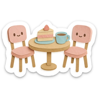 kawaii coffee shop table and chairs set with cake and coffee, soft pastel hand-drawn illustration sticker