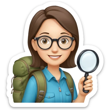 Happy woman hiker in her 40s with glasses and backpack, holding exactly one magnifying glass in one hand only sticker