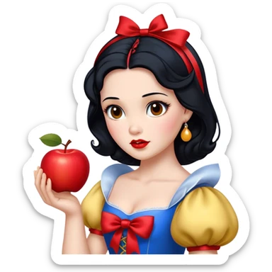 Cinematic Realistic Snow White Portrait, depicted with lifelike skin texture, soft natural lighting, and intricately detailed black hair styled with a red ribbon. Her soft brown eyes radiate innocence and kindness, complemented by a warm, gentle smile. She holds an apple in one hand, her other hand resting against her cheek, embodying her purity and charm. She is dressed in her classic yellow, blue, and red gown, the fabric rich in texture with delicate folds that catch the light beautifully. The portrait features a soft, natural glow with a radiant finish, capturing the essence of timeless beauty in a realistic and painterly style. sticker