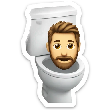 a toilet with a man's head coming out with brown hair and a beard sticker